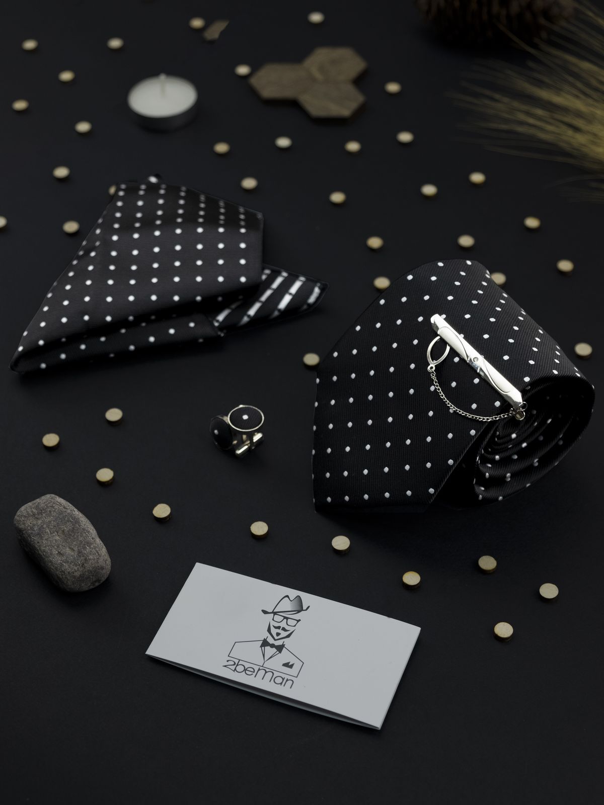 Комплект: галстук, запонки, платок, зажим черный в горошек купить