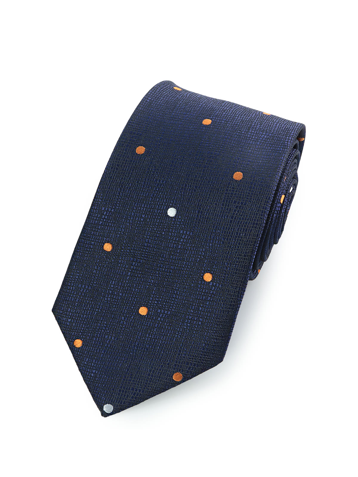 Галстук темно-синий в бело-оранжевый горошек описание: Фасон - Узкий галстук, Материал - Полиэстер, Цвет - Темно-синий, Размер - 6 см х 150 см, Страна производства - Россия.