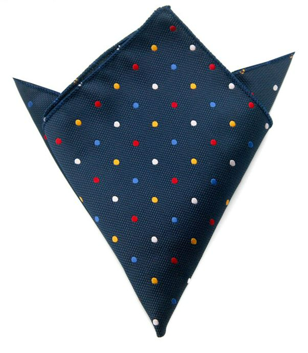Нагрудный платок темно-синий в разноцветный горошек описание: Материал - Жаккард, Размеры - 22 см х 22 см, Страна производства - Турция;