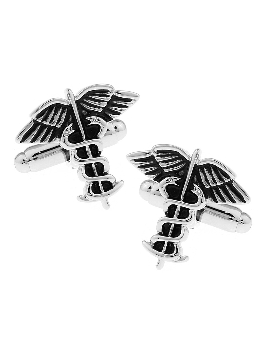 Запонки Кадуцей Запонки Кадуцей, Материал: Ювелирная сталь 316L, Цвет: Серебристый, Размеры: 19 мм х 20 мм, общая длина 22 мм, ножка 17 мм, вес: 13 гр., подарочная упаковка бесплатно.