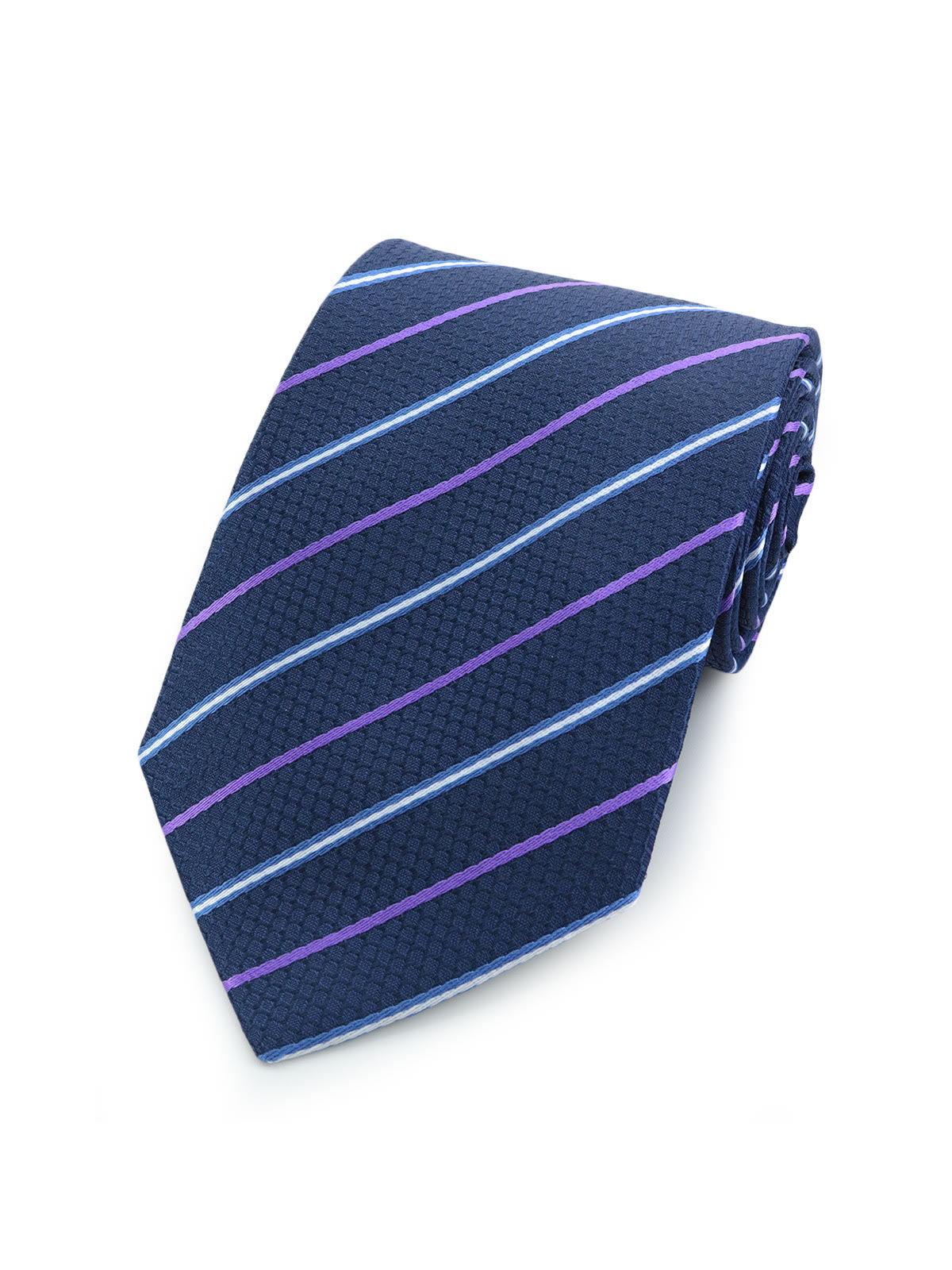 Галстук классический темно-синий в розово-сиреневую полоску описание: Фасон - Широкий галстук, Материал - Полиэстер, Цвет - Синий, Размер - 8 см х 145 см , Страна производства - Россия.