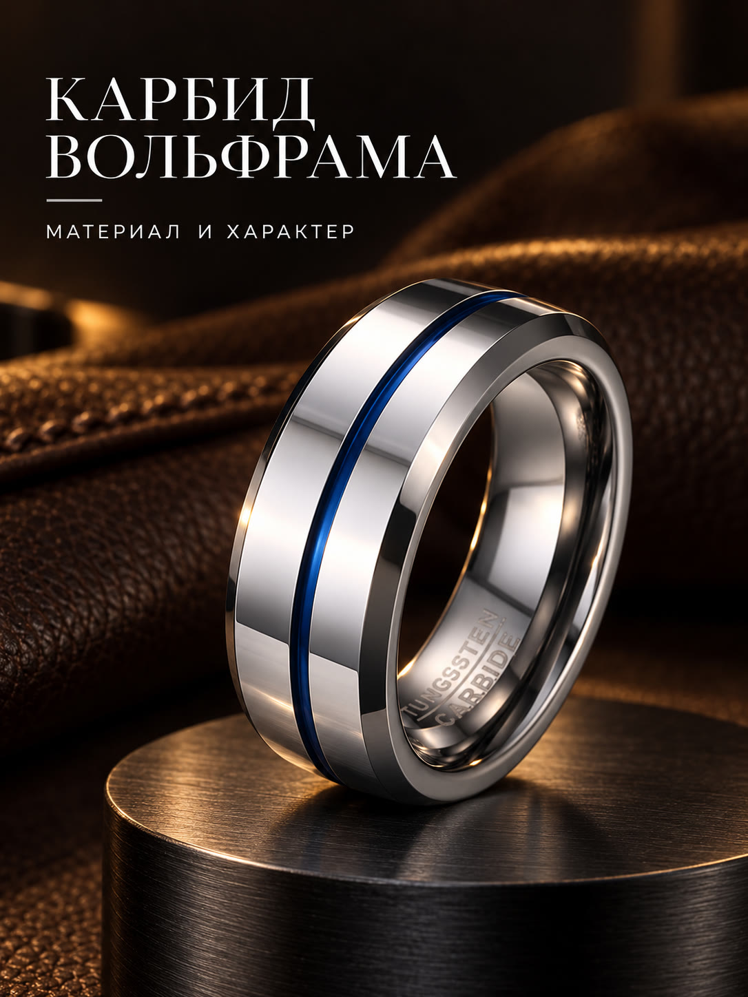 MK55 Кольцо из вольфрама с синей полоской только в 2beMan.ru