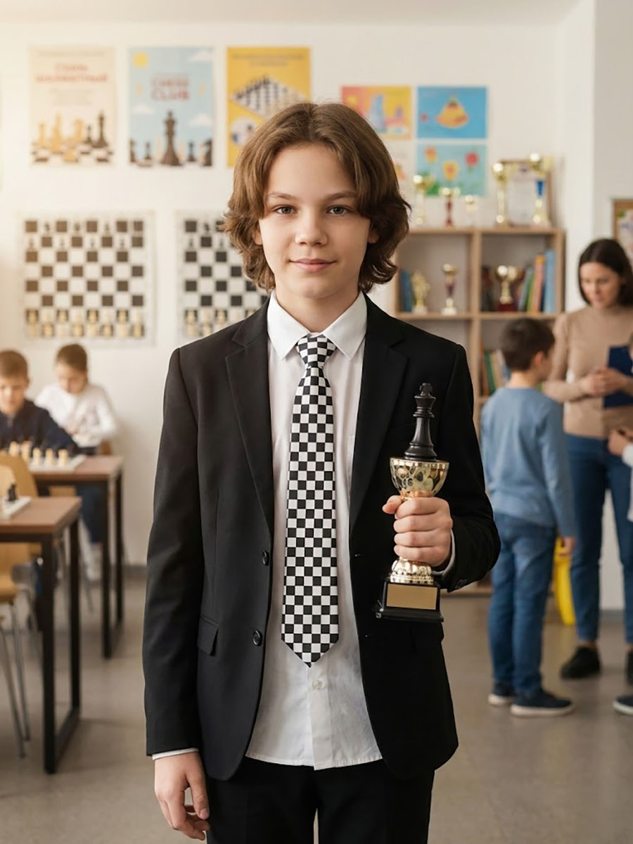 Описание Галстук детский на резинке атласный черно-белый в шахматную клетку: Размер - Длина: 30 см, Ширина: 6 см, Цвет - Черный, белый, Страна производитель - Россия;