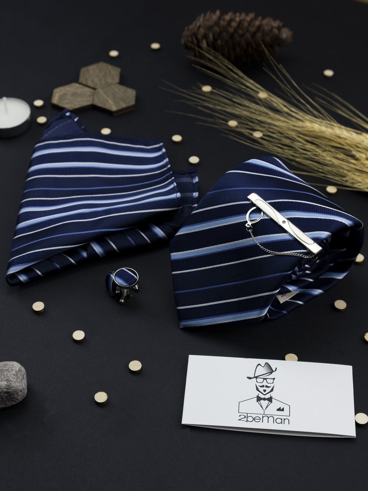 Комплект: галстук, запонки, платок, зажим синий в полоску купить
