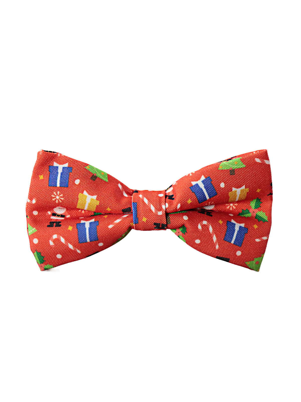 Галстук-бабочка новогодний красный с елками и подарками описание: Фасон - Классическая одна в другой, Материал - Полиэстер, Цвет - Красный, Размер - 12 см х 6 см, Страна производства - Россия.