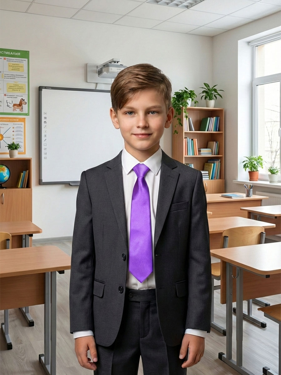 Описание Галстук детский на резинке атласный темно-сиреневый: Размер - Длина: 26 см, Ширина: 6 см, Цвет - Темно-сиреневый, Страна производитель - Россия;