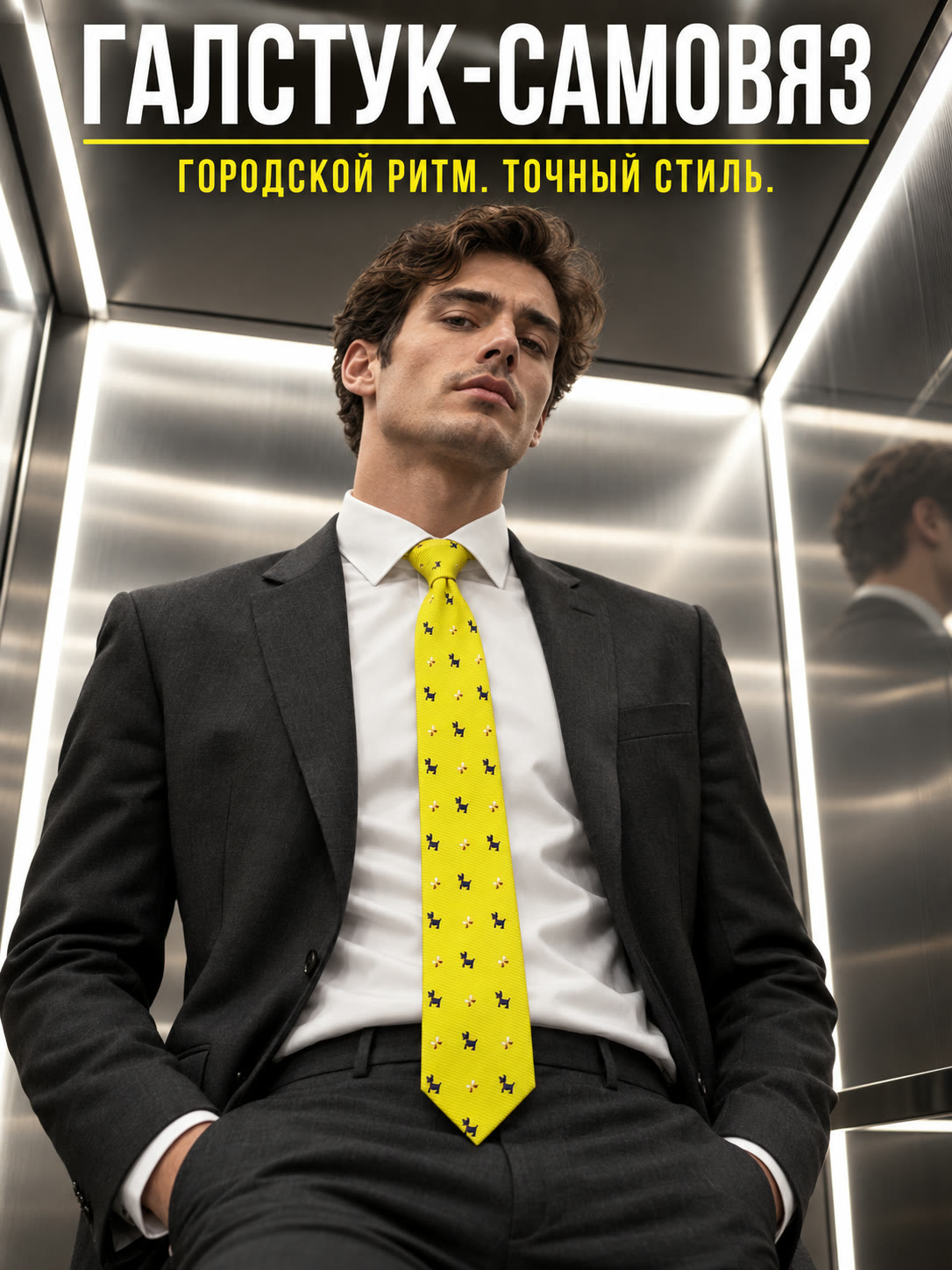 Галстук узкий желтый с собачками описание: Фасон - Узкий галстук, Материал - Полиэстер, Цвет - Желтый, Размер - 6 см х 150 см, Страна производства - Россия.