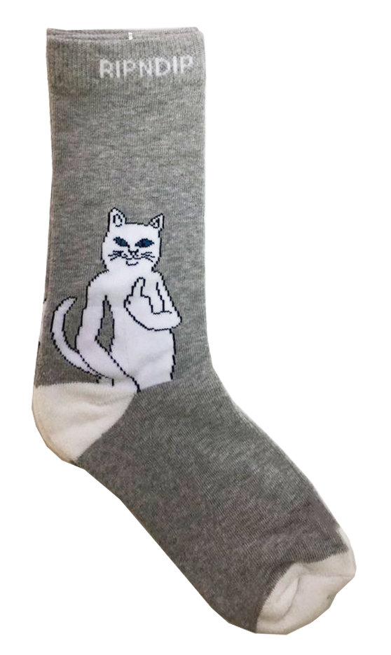 Носки серые с котом RIPNDIP описание: Состав - Хлопок 50%, полиэстер 30%, нейлон 17%, спандекс 3%, Размер - 39-45, Цвет - Светло-серый, Страна производства - Китай;