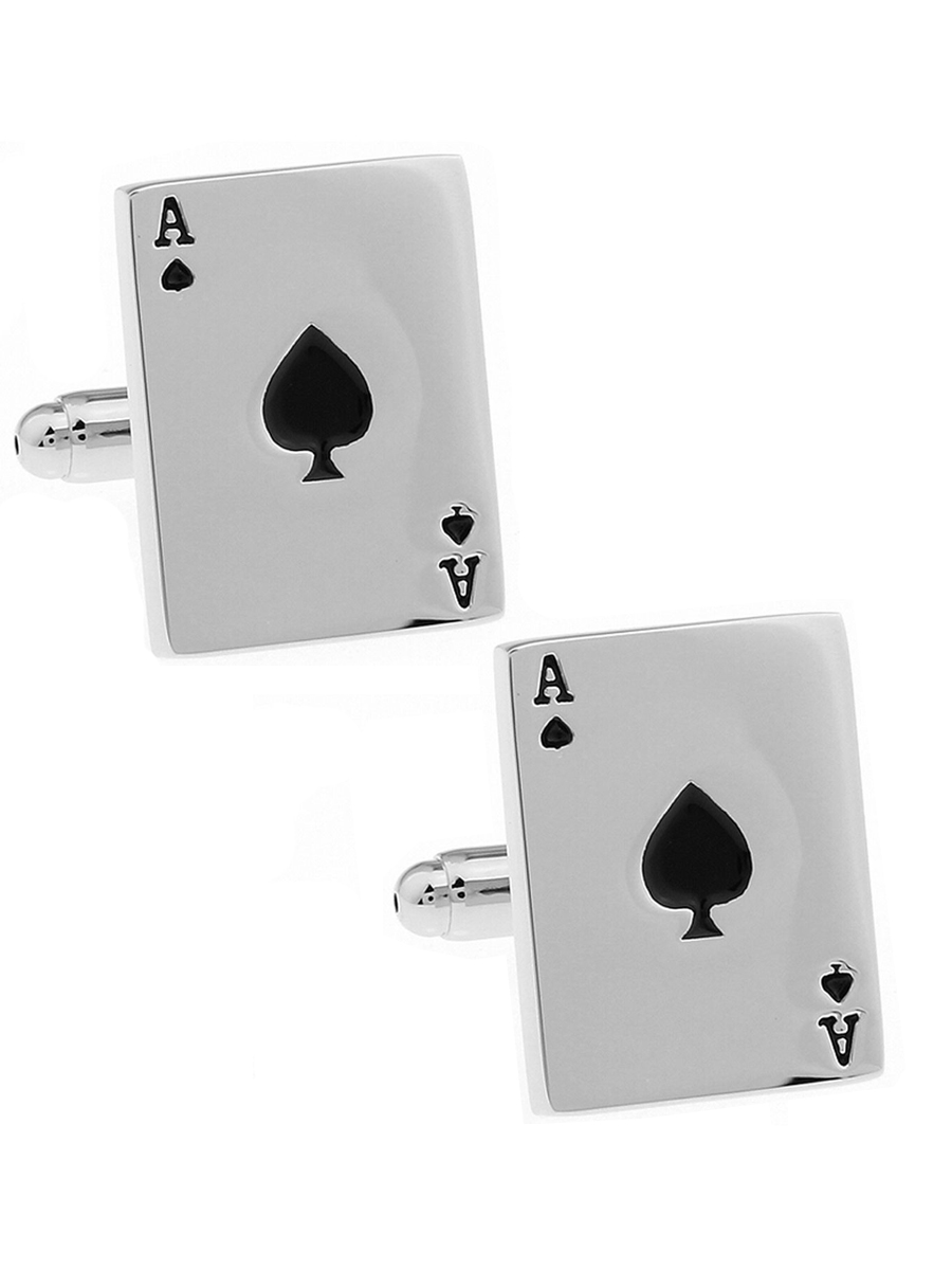 Запонки пиковый туз, Материал: Ювелирная сталь 316L, Цвет: Серебристый + Черный, Размеры: 17 мм х 12 мм, общая длина 21 мм, ножка 17 мм, вес: 13 гр., подарочная упаковка бесплатно.