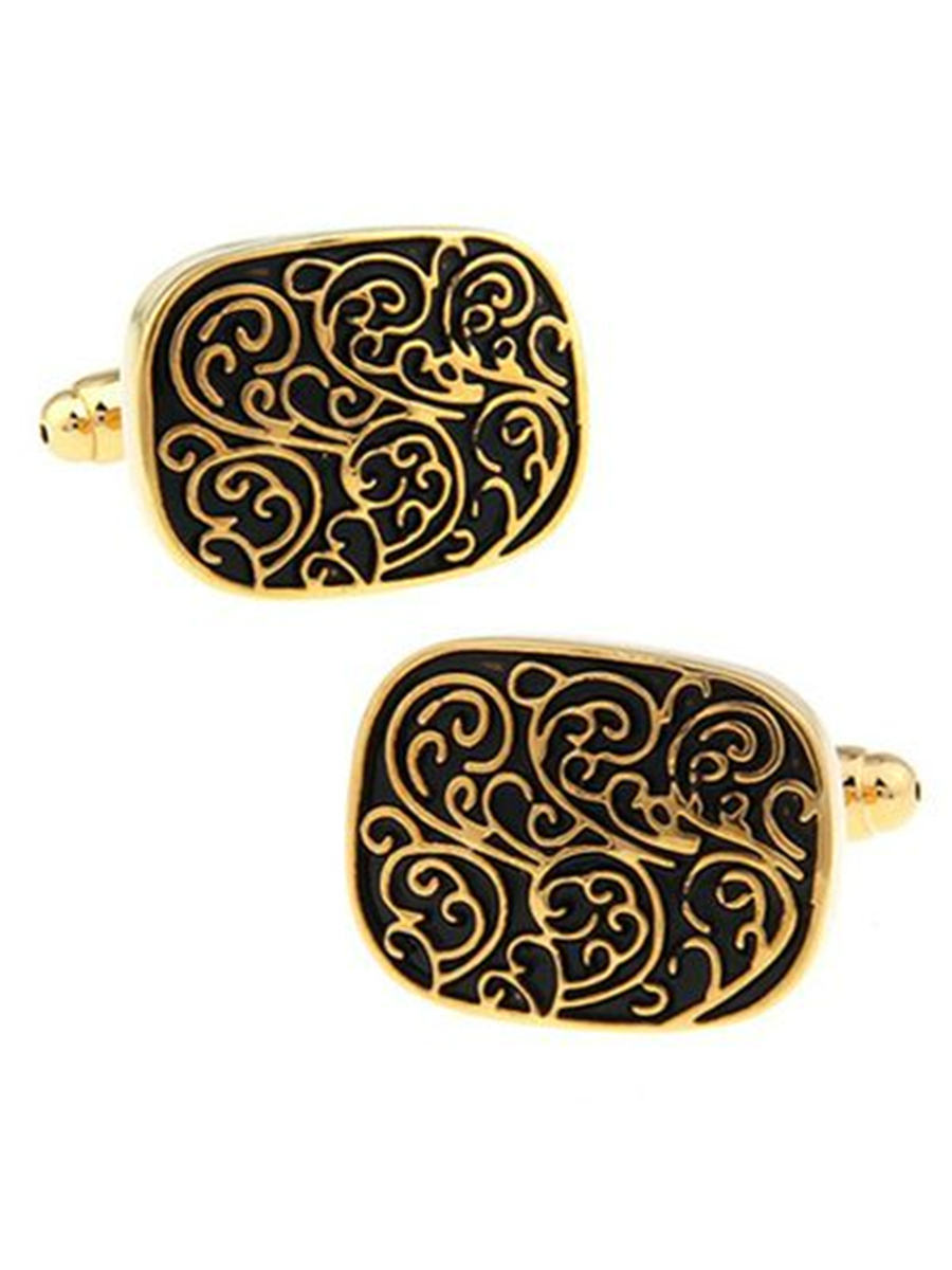 Запонки черно-золотые с узором, Материал: Ювелирная сталь, Цвет: Желтый, черный, Размеры: 20 мм х 15 мм, общая длина 22 мм, ножка 17 мм, вес: 8 гр., подарочная упаковка бесплатно.