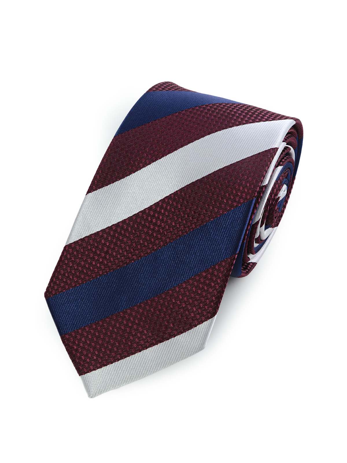Галстук узкий в бордово-бело-синюю полоску описание: Фасон - Широкий галстук, Материал - Полиэстер, Цвет - Бордовый, белый, синий, Размер - 6 см х 150 см, Страна производства - Россия.