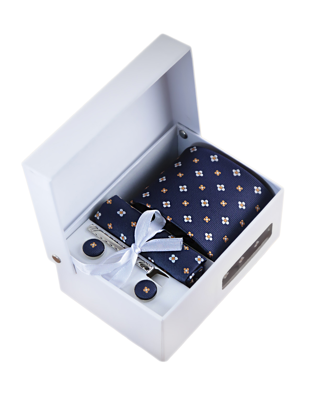 Комплект: галстук, запонки, платок, зажим темно-синий в цветочек купить